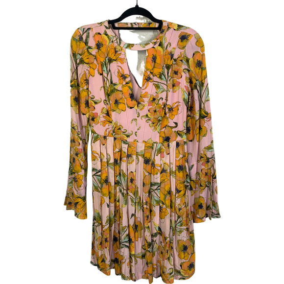 FREE PEOPLE Pink & Yellow Floral Tegan Pleated Mini Dress‎ - Picture 1 of 16